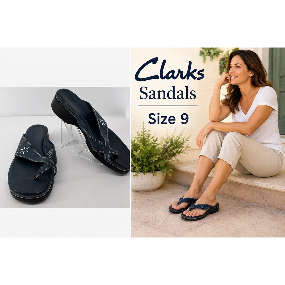 Clarks Leather Slide Sandals Womens 9M Blue Comfort Cushioned Casual Summer